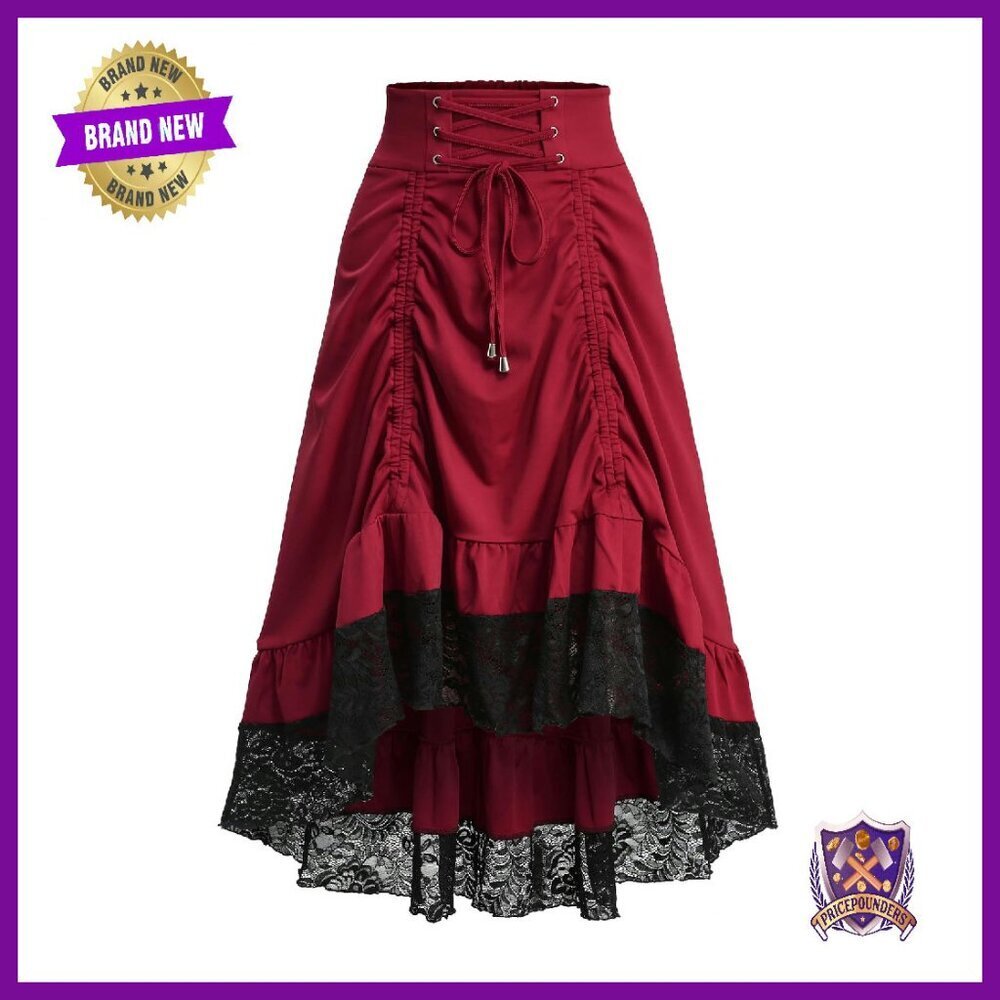 Goth Steampunk Lace A-Line Midi Skirt Lace-Up Ruched High Low Asymmetrical